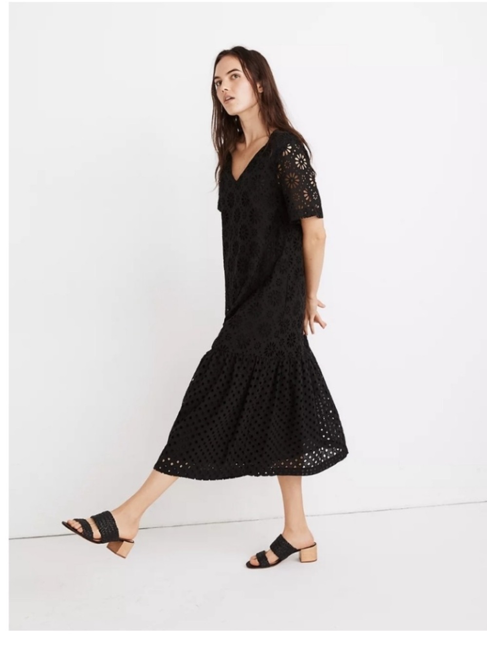 Madewell Black Eyelet V-Neck Midi Dress